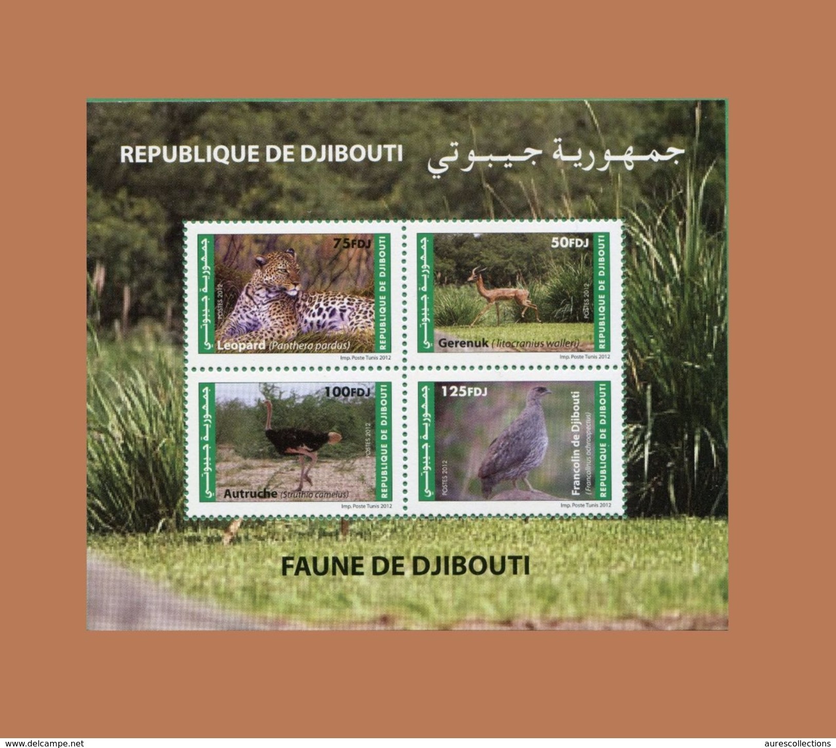 DJIBOUTI FAUNA FAUNE DE FELINS LEOPARD AUTRUCHE GERENUK GAZELLE FRANCOLIN BIRDS BLOC S/S 166 Mi 815-818 MNH 2012 ** RARE - Struzzi