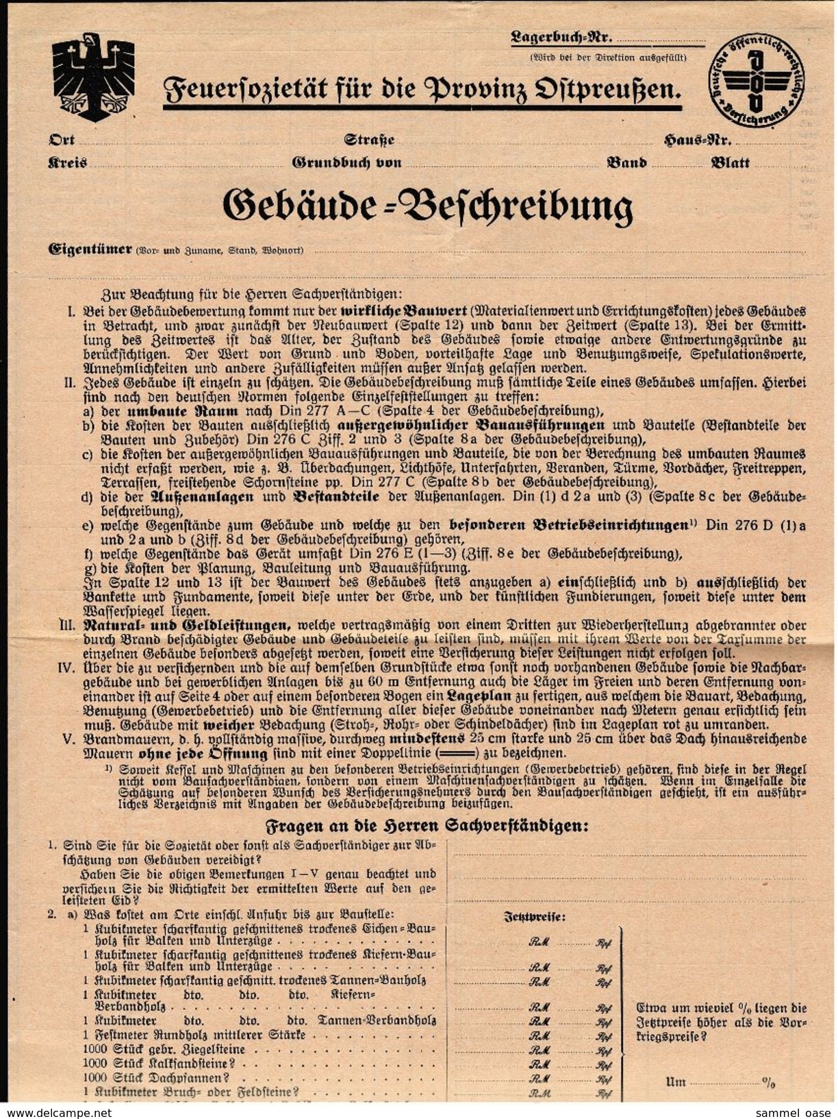 1935  -  Blanko-Antrag Gebäude-Beschreibung  -  Feuersozietät Für Die Provinz Ostpreußen - Historical Documents