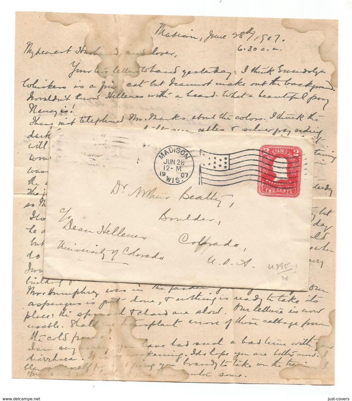 United States Scott# U395 (?) On Full Cover  Madison Wisconsin To Boulder Colorado With Contents. 1907 - 1901-20