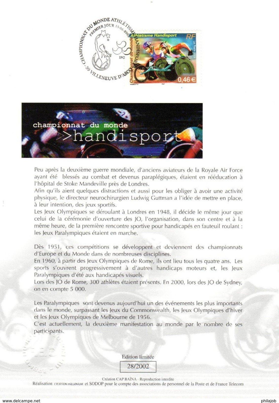 FRANCE 2002 : Encart 1er Jour " CHAMPIONNAT DU MONDE HANDISPORT ". N° YT 3495. Voir Les 2 Scans. - Sport Voor Mindervaliden