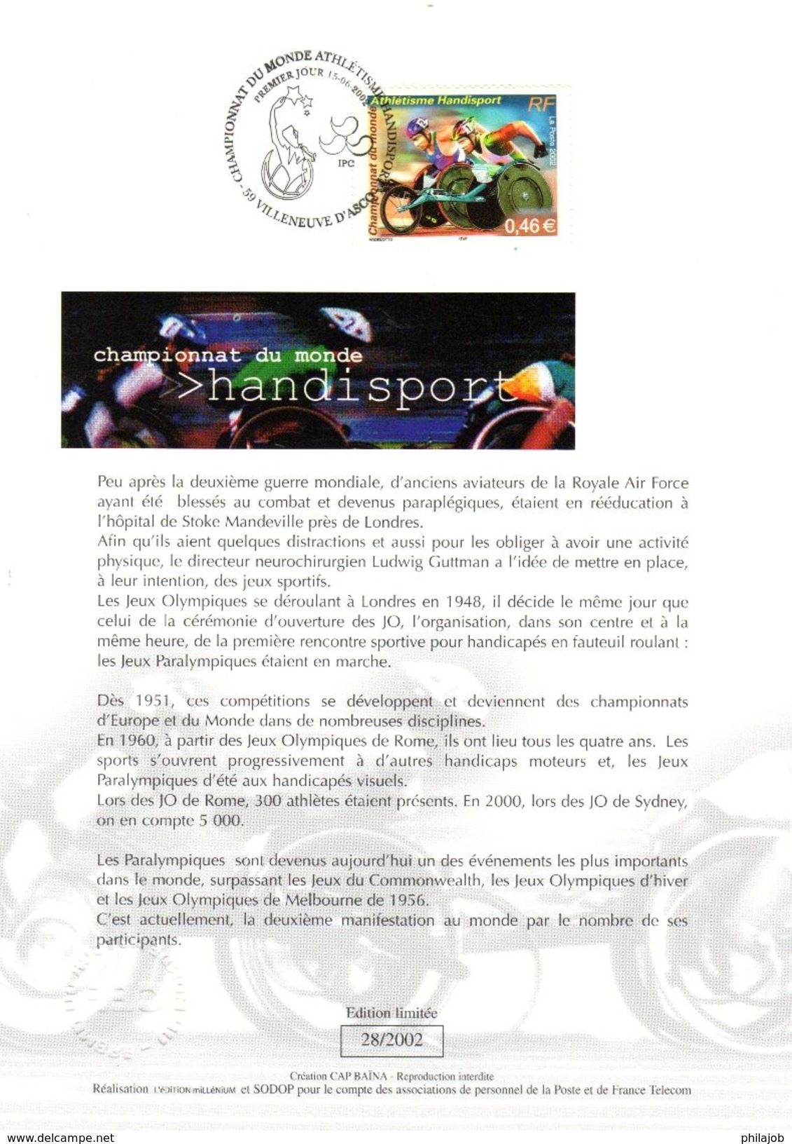 FRANCE 2002 : Encart 1er Jour " CHAMPIONNAT DU MONDE HANDISPORT ". N° YT 3495. Voir Les 2 Scans. - Handisport