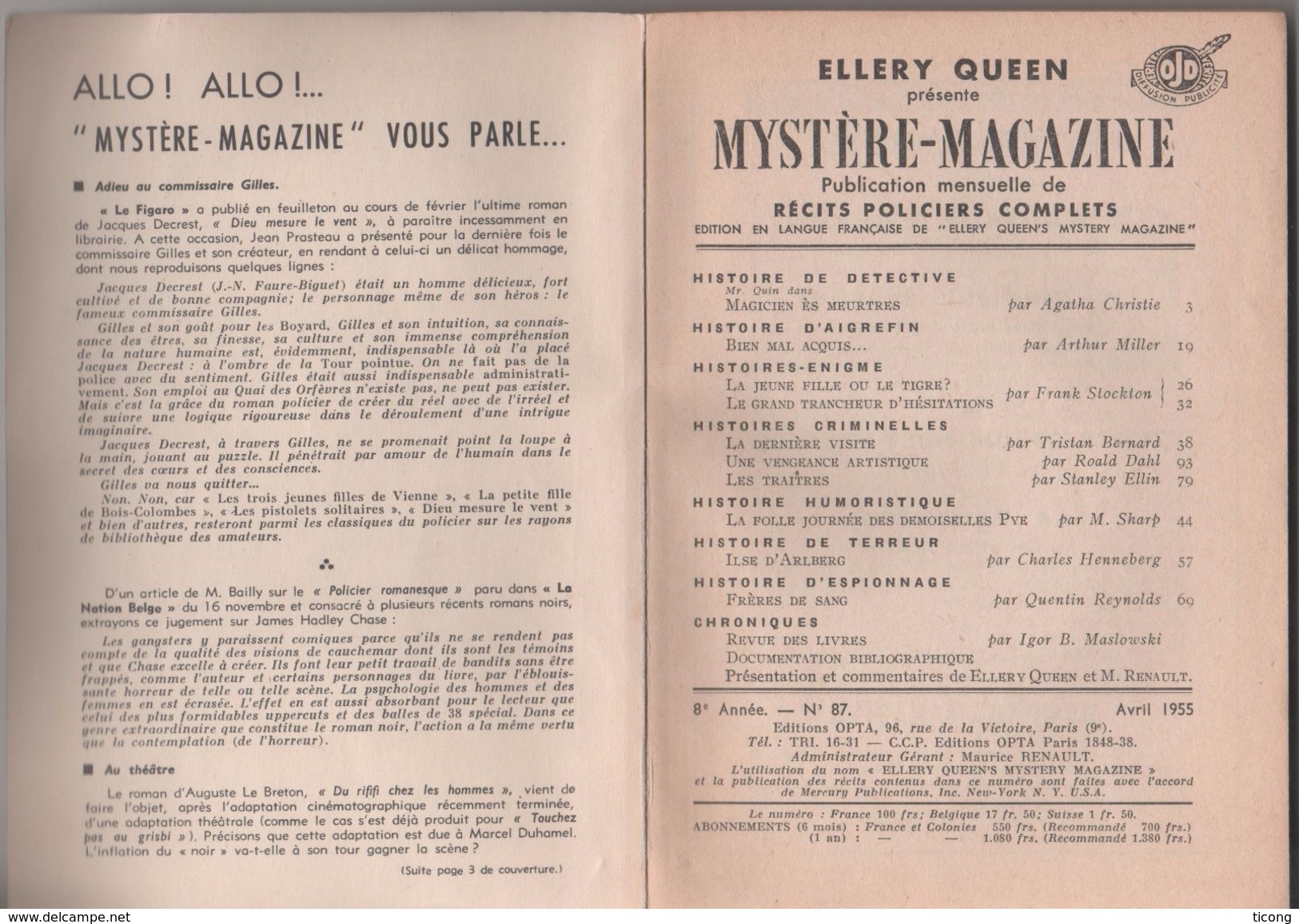 MYSTERE MAGAZINE ELLERY QUEEN - AVRIL 1955 - AGATHA CHRISTIE, ARTHUR MILLER, TRISTAN BERNARD, CHARLES HENNEBERG......... - Autres & Non Classés