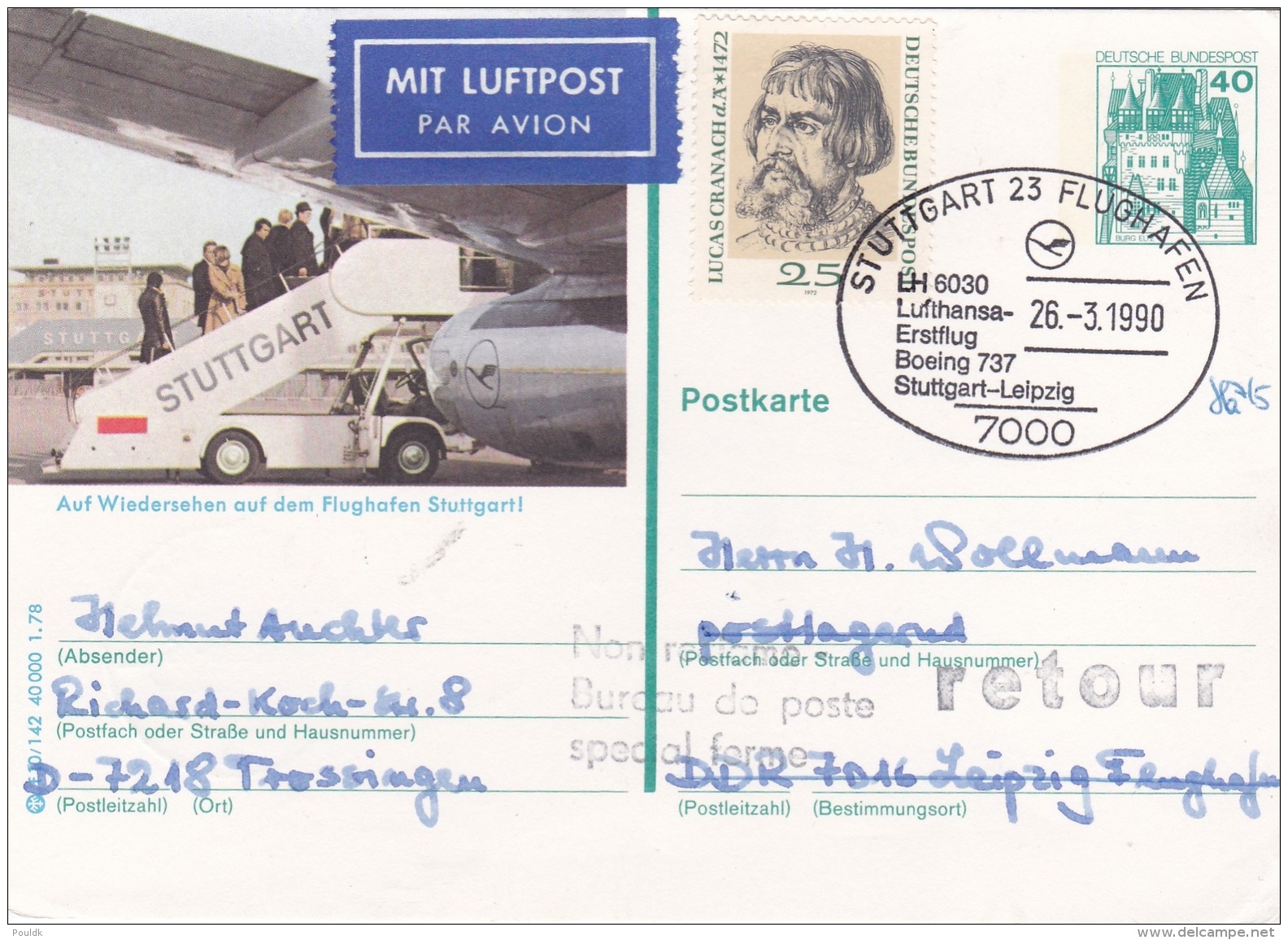 Germany Upfranked Postal Stationary Stuttgart 23 Flughafen 1990 First Flight Stuttgart - Leipzig Lufthansa (G55-30) - Airplanes