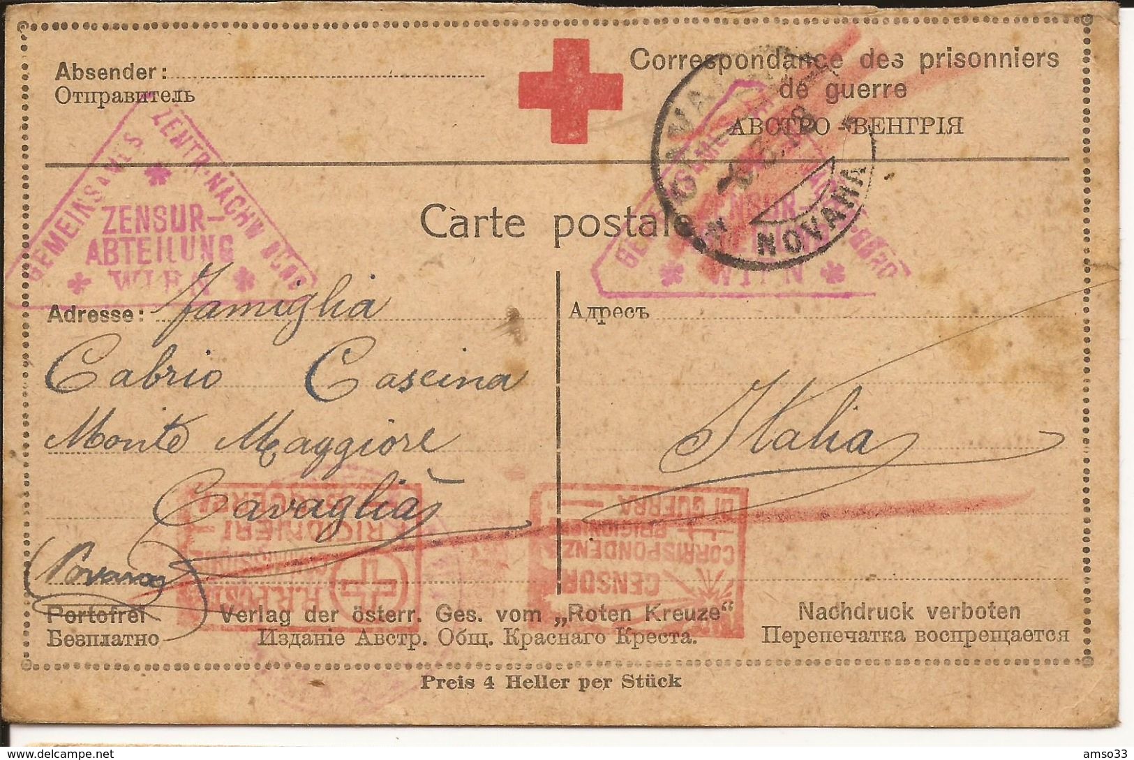 CARTE LETTRE CORRESPONDANCE DE PRISONNIER DE GUERRE ITALIEN EN AUTRICHE CENSURE - 1. Weltkrieg