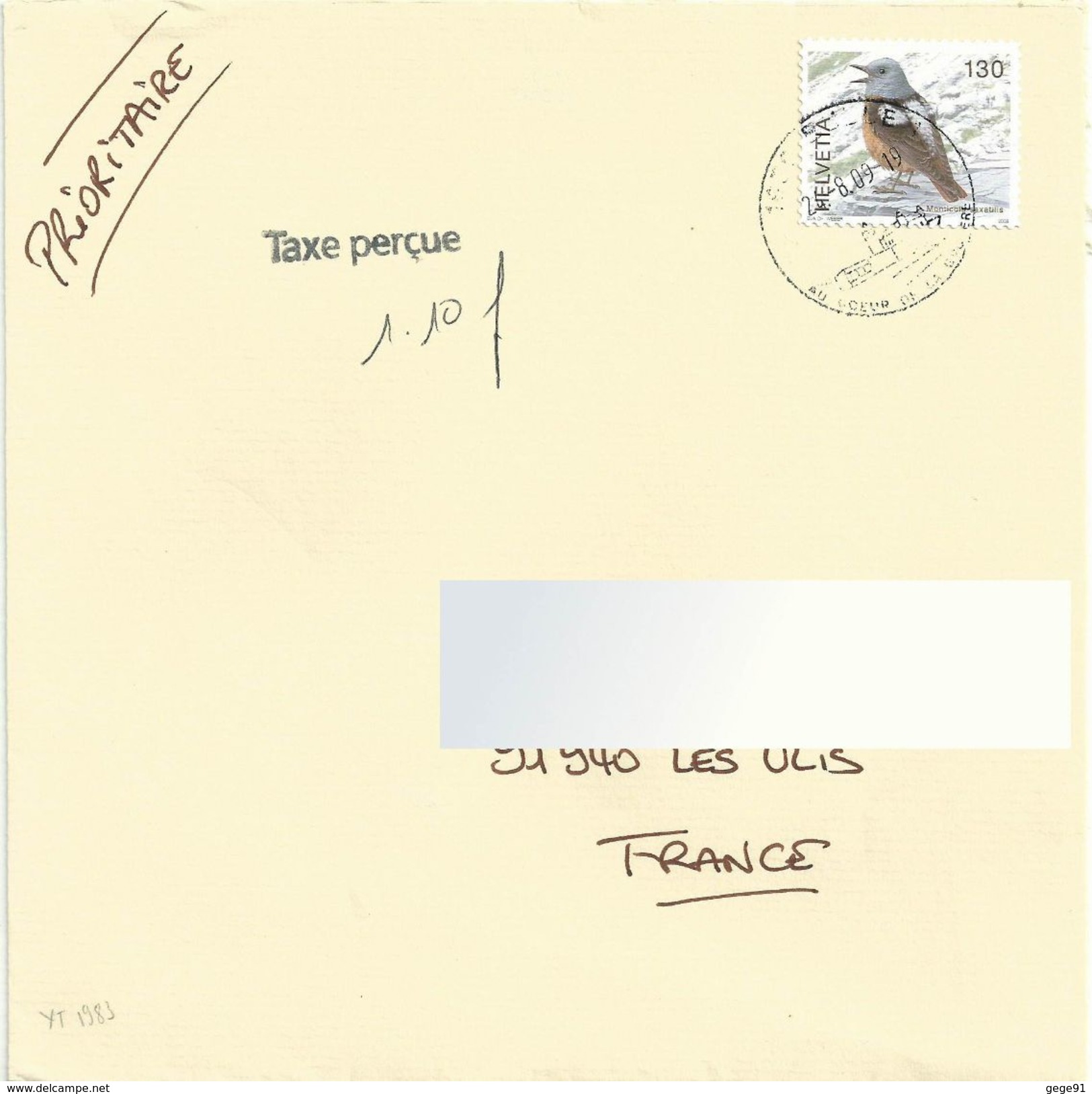 YT 1983 _ Oiseau - Monticole Des Roches - Taxe Perçue - Lettre De Bulle Pour La France - Briefe U. Dokumente