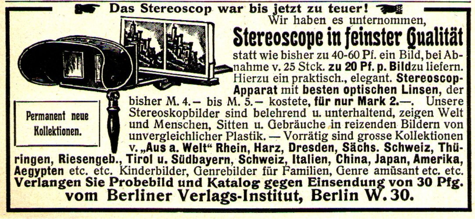Original-Werbung/ Anzeige 1905 - STEREOSCOPE / BERLINER VERLAGS-INSTITUT - Ca. 80 X 40 Mm - Advertising