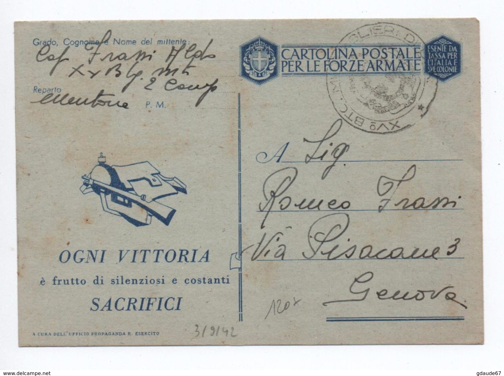 1942 - OCCUPATION ITALIENNE En FRANCE - RARE CARTE MILITAIRE De MENTONE (MENTON) Avec TàD XV° BTC MITRAGLIERI DI C.A - Other & Unclassified