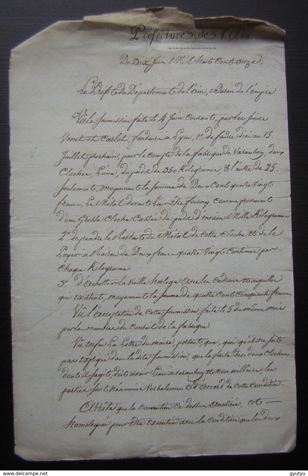 1811 Préfecture De L'Ain Fonte Des Cloches Et Achat De Le Vieille Horloge De Varambon - Manuscrits