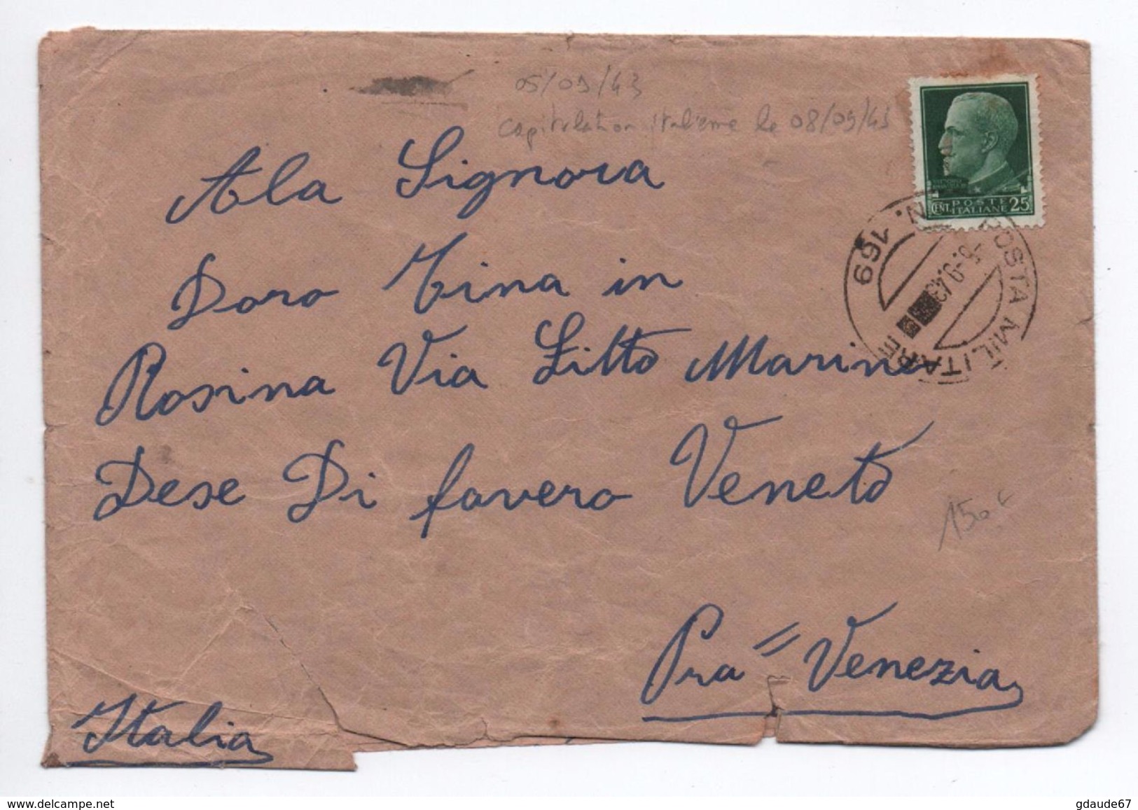 5 SEPTEMBRE 1943 - OCCUPATION ITALIENNE En FRANCE - RARE ENVELOPPE De MENTONE (MENTON) Avec TàD POSTA MILITARE - Autres & Non Classés