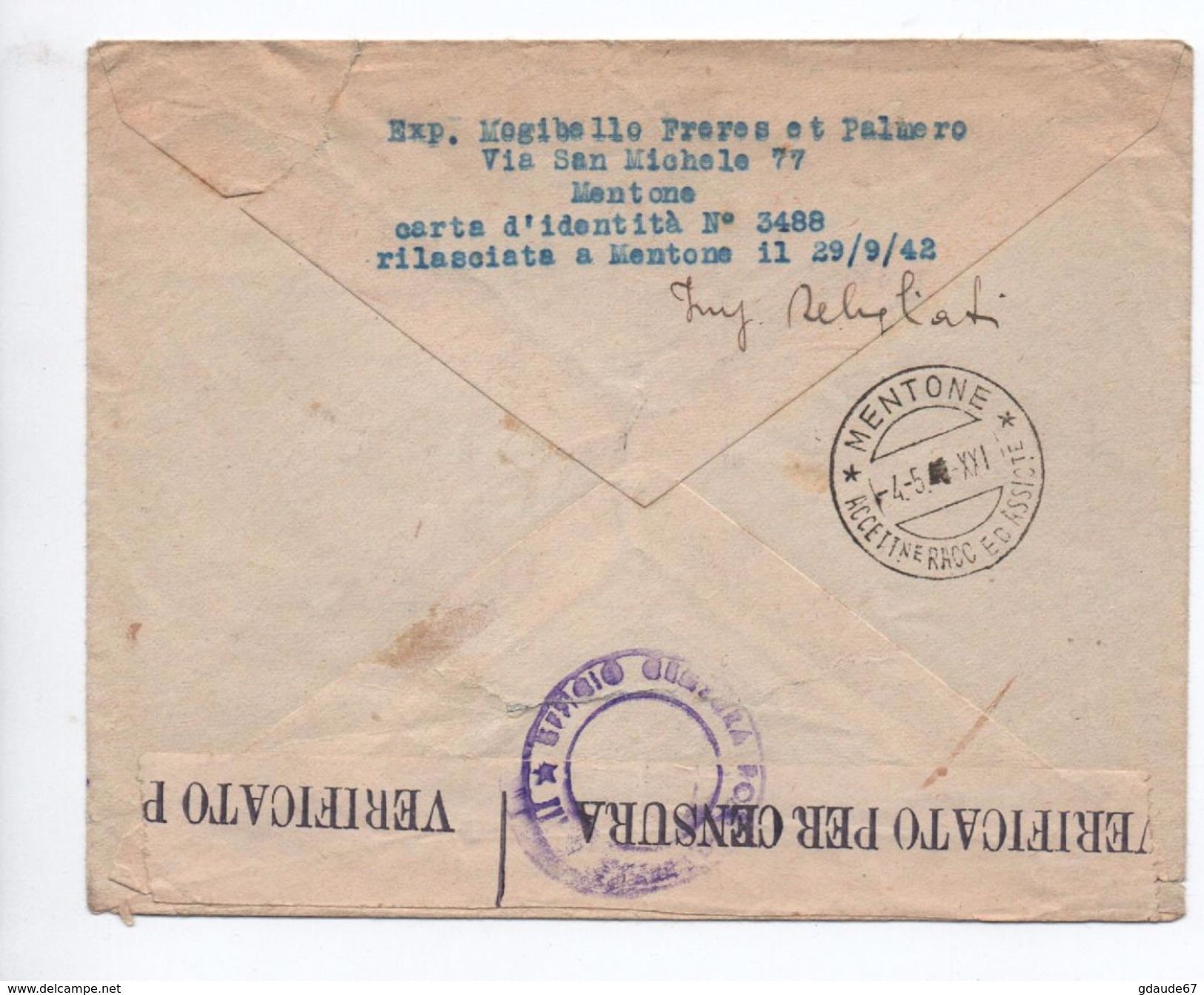 1943 - OCCUPATION ITALIENNE En FRANCE - RARE ENVELOPPE De MENTONE (MENTON) Avec CENSURE & N° CARTE D'IDENTITE DE L'EXP. - Autres & Non Classés