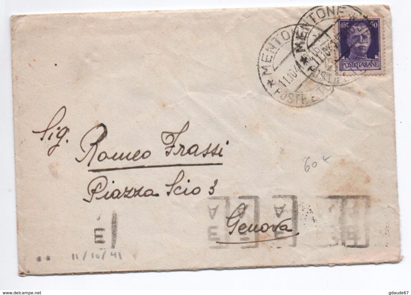 1941 - OCCUPATION ITALIENNE En FRANCE RARE ENVELOPPE De MENTONE (MENTON) Pour GENOVA Avec TàD MENTONE POSTE E TELEGRAFI - Autres & Non Classés