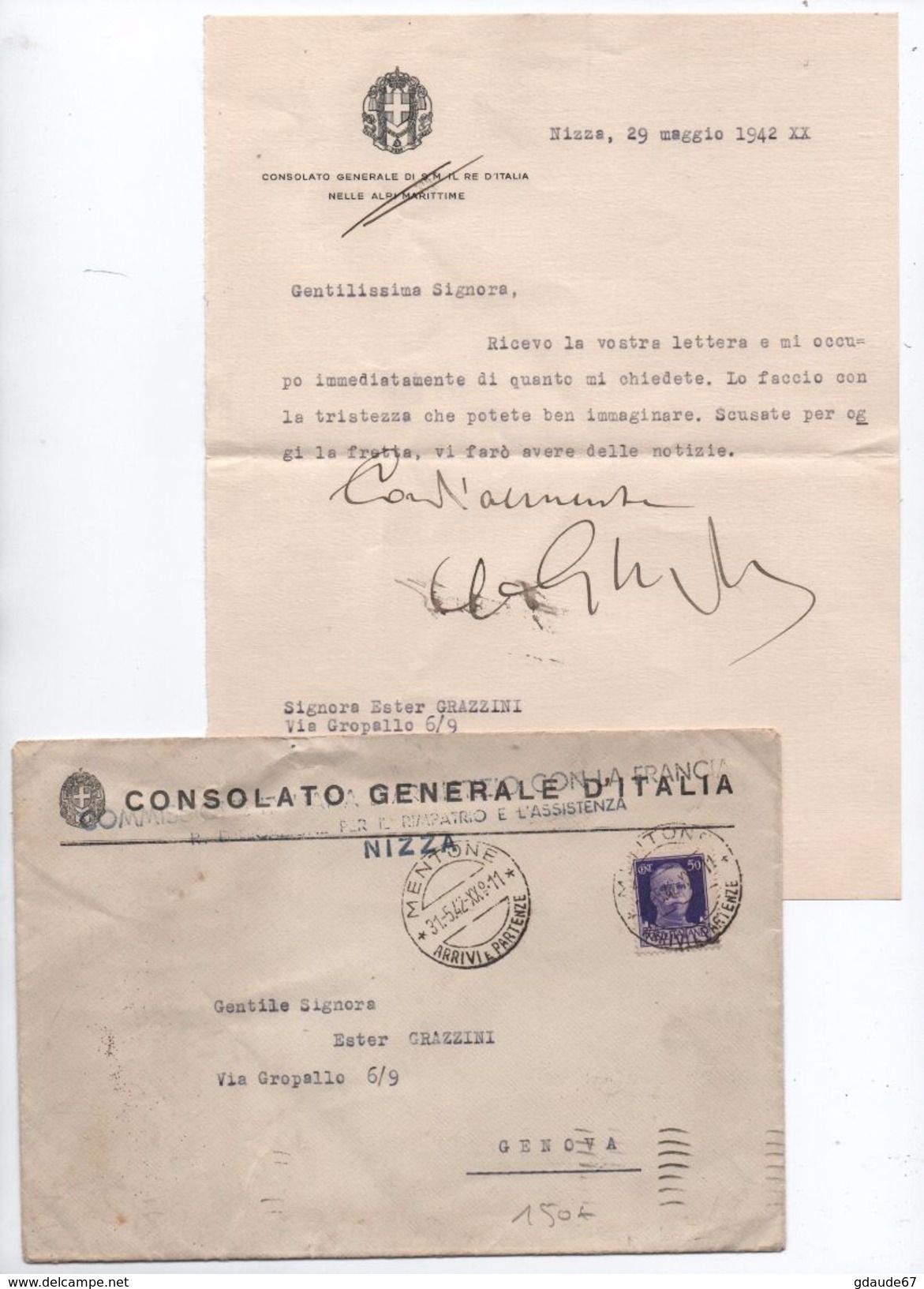 1942 - OCCUPATION ITALIENNE En FRANCE - RARE ENVELOPPE Du CONSOLATO GENERALE D'ITALIA à NICE Avec Tàd MENTONE (MENTON) - Autres & Non Classés