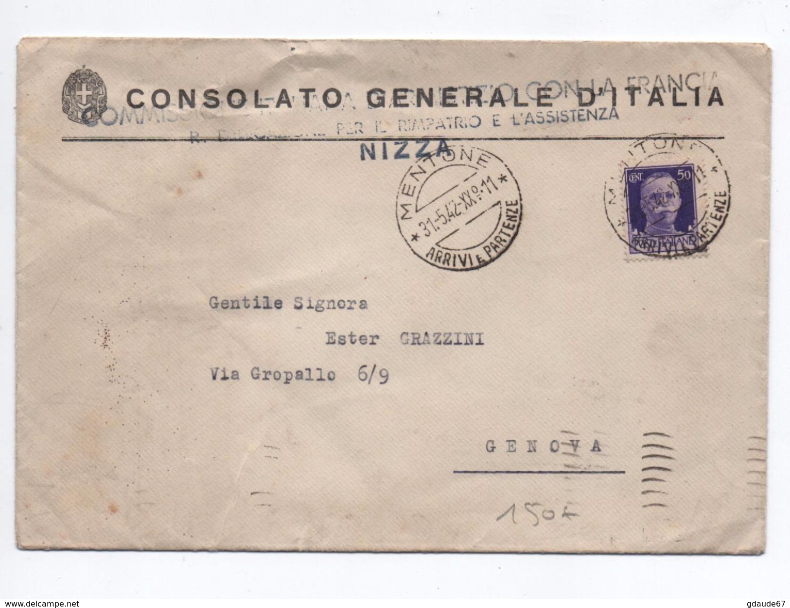 1942 - OCCUPATION ITALIENNE En FRANCE - RARE ENVELOPPE Du CONSOLATO GENERALE D'ITALIA à NICE Avec Tàd MENTONE (MENTON) - Autres & Non Classés