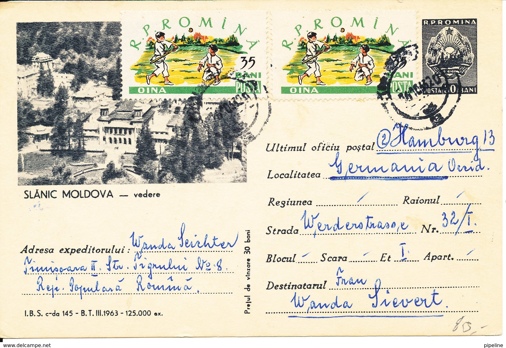 Romania Postal Stationery Uprated Postcard Slanic Vedere Sent To Germany 15-10-1963 - Lettres & Documents