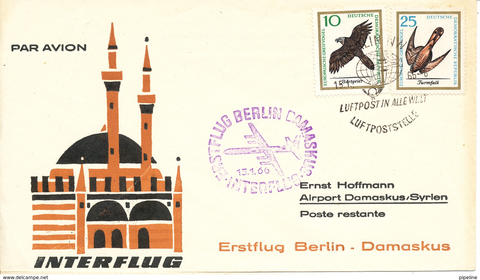 Germany DDR First Flight Interflug Berlin Damaskus Syria 15-1-1966 - Other & Unclassified