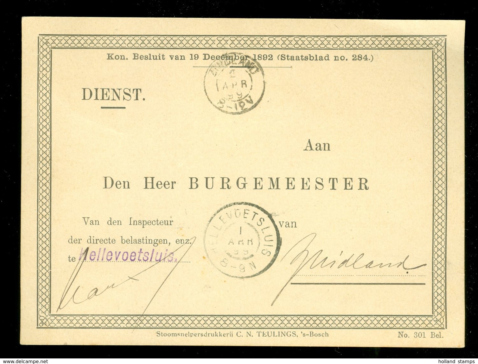 DIENST * BRIEFKAART Uit 1899 Van HELLEVOETSLUIS Aan De BURGEMEESTER Te ZUIDLAND   (10.650) - Brieven En Documenten