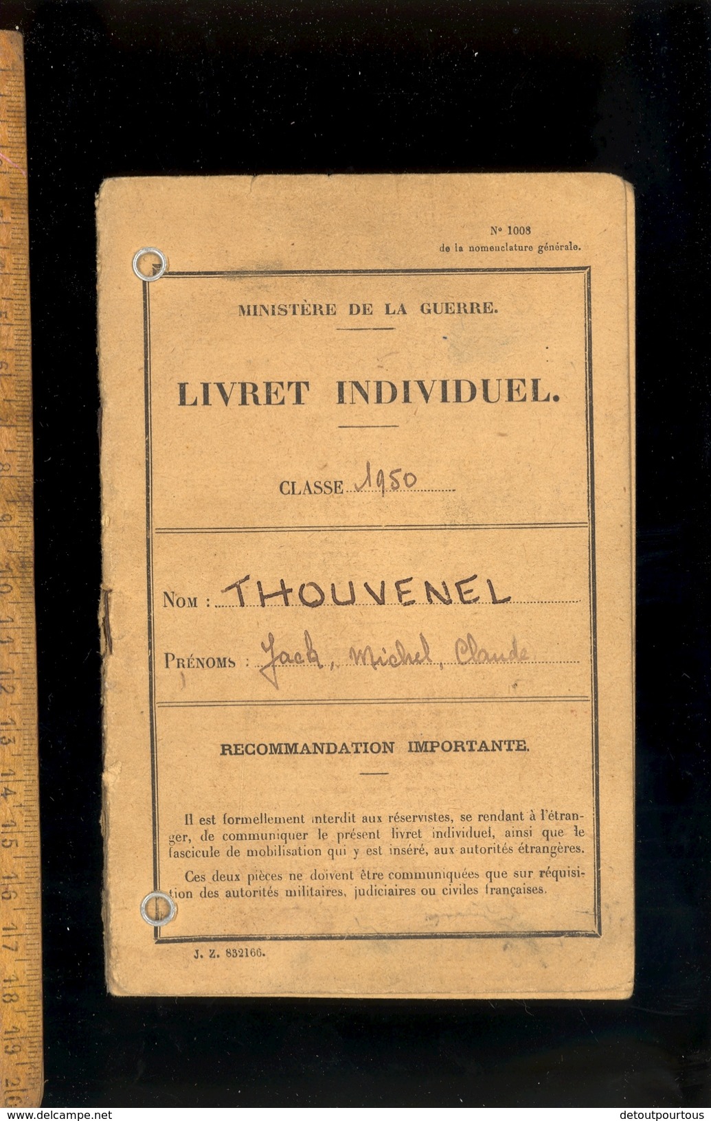 Livret Individuel Militaire Classe 1950 Sergent THOUVENEL Régiment Infanterie Coloniale - Documents