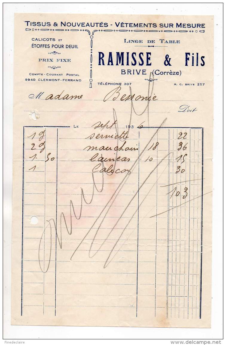 Tissus, Vêtements, Ramisse &amp; Fils, Brive (Corrèze) - 1936 - 1900 – 1949