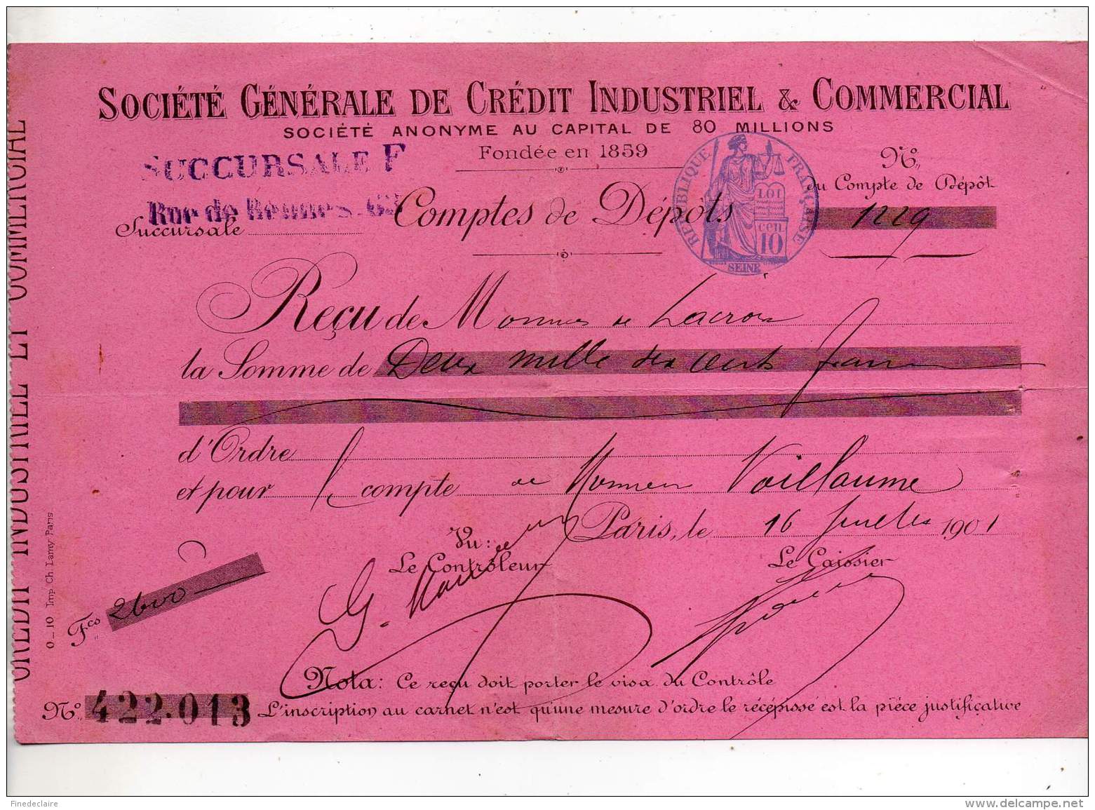 Société Générale De Crédit Industriel &amp; Commercial, Comptes De Dépots, Paris 1901 - 1900 – 1949