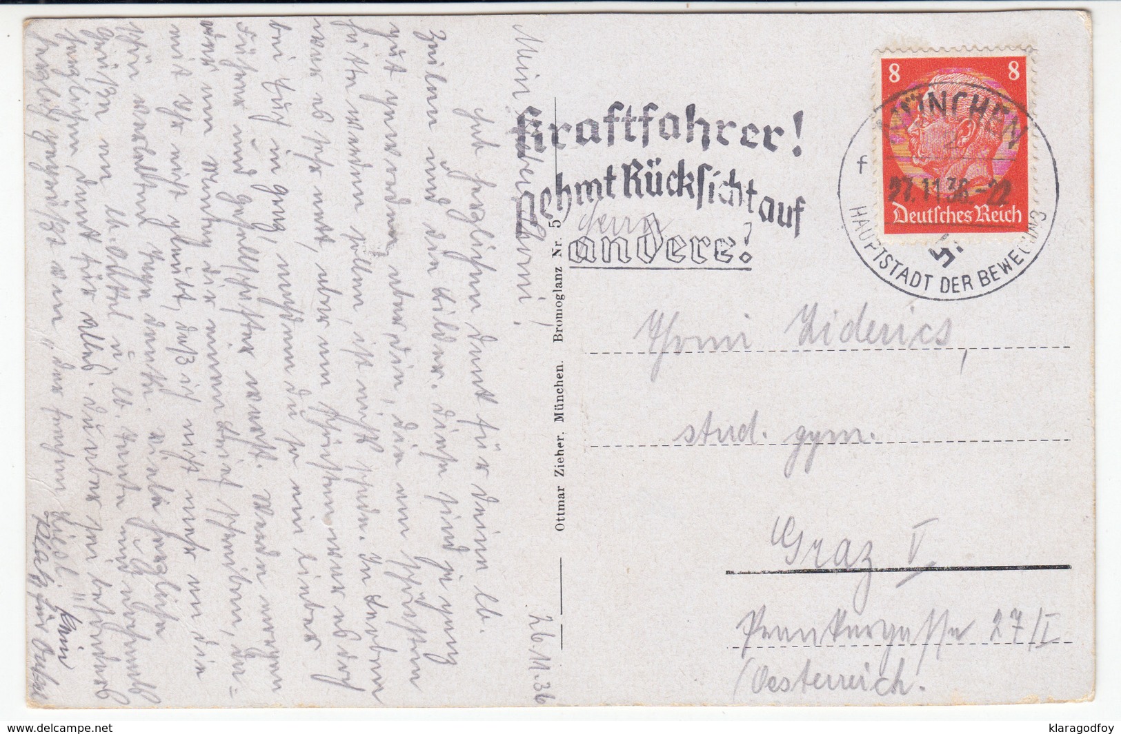 "Kraftfahrer! Nehmt Rücksicht Auf Andere!" Slogan Postmark On München, Karlsplatz Old Postcard Travelled 1936 B170915 - Briefe U. Dokumente