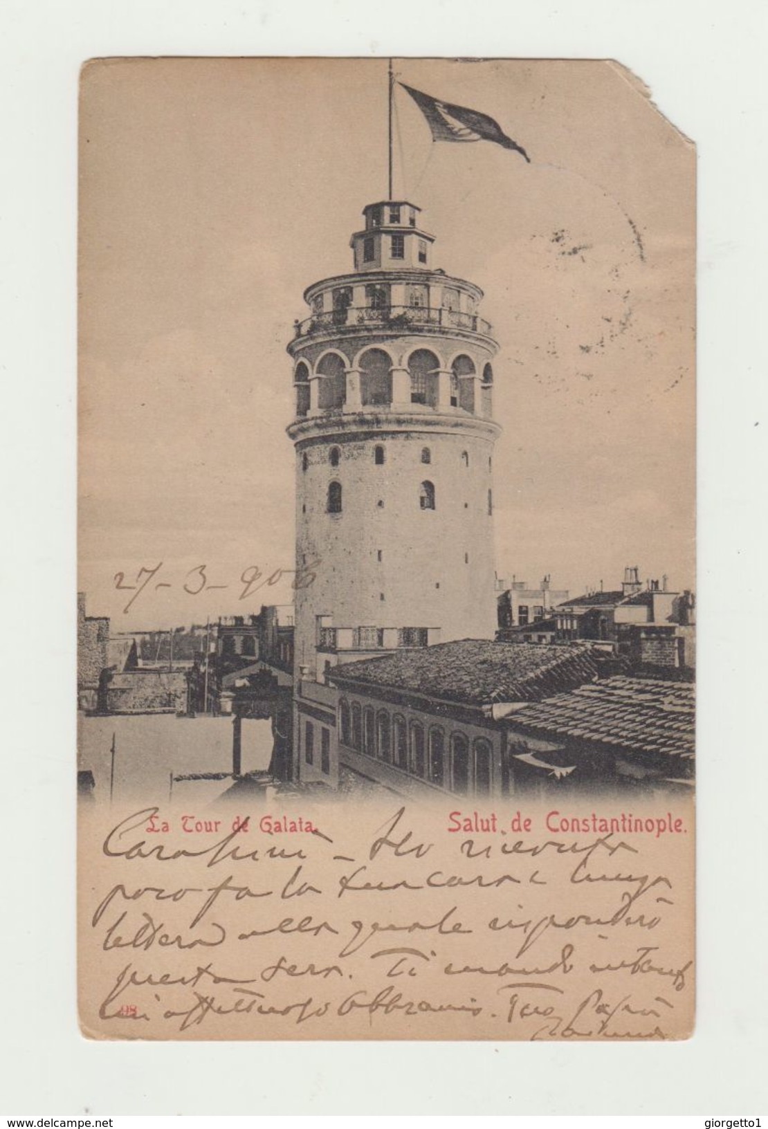 COSTANTINOPOLI - TORRE DI GALATA - VIAGGIATA 1906 -  AFFRANCATA CON 20 PARA 20 DIRETTA A TORINO - POSTCARD - Turchia