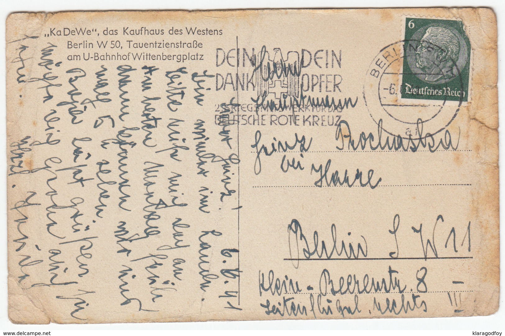 "2. Kriegshilfswerk Für Das Deutsche Rote Kreuz" Slogan Postmark On Berlin, KaDeWe Old Postcard Travelled 1941 B170915 - Briefe U. Dokumente