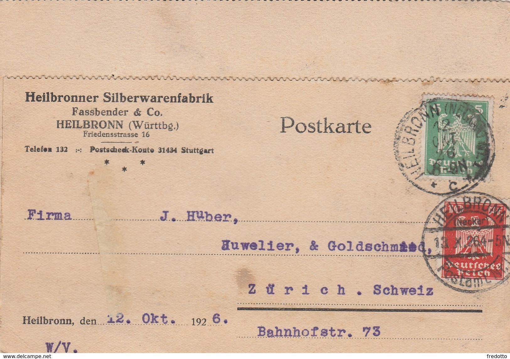 Postkarte-Heilbronn-Fassbender Silberwarenfabrik - Heilbronn