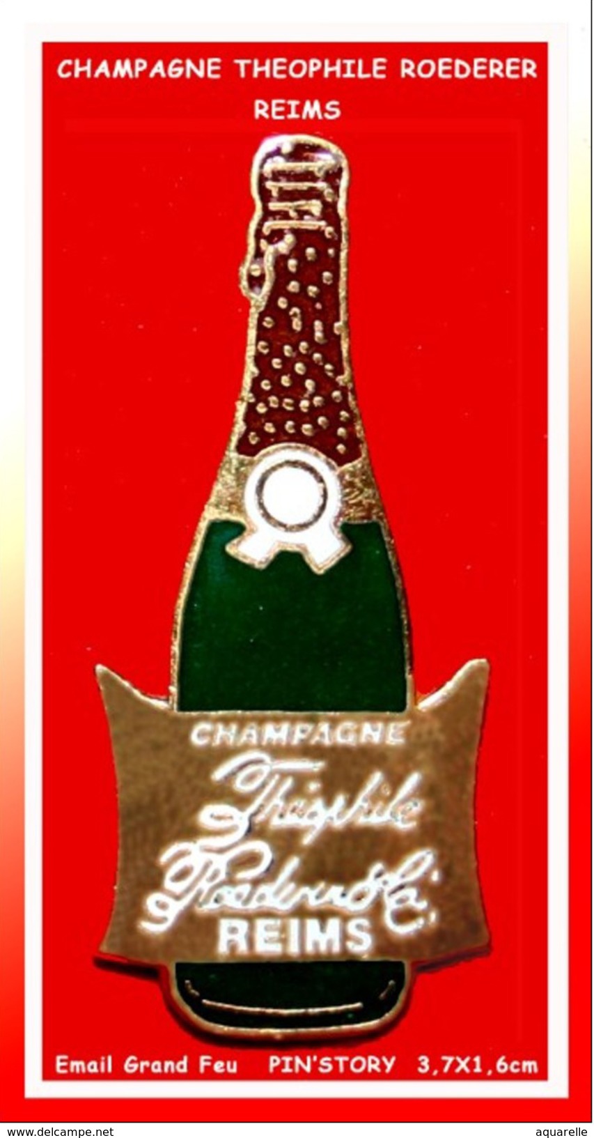 SUPER PIN'S CHAMPAGNE : RARE PIN'S CHAMPAGNE THEOPHILE ROEDERER (REIMS) émail Grand Feu Base Or PIN'STORY 3,7X1,6cm - Boissons