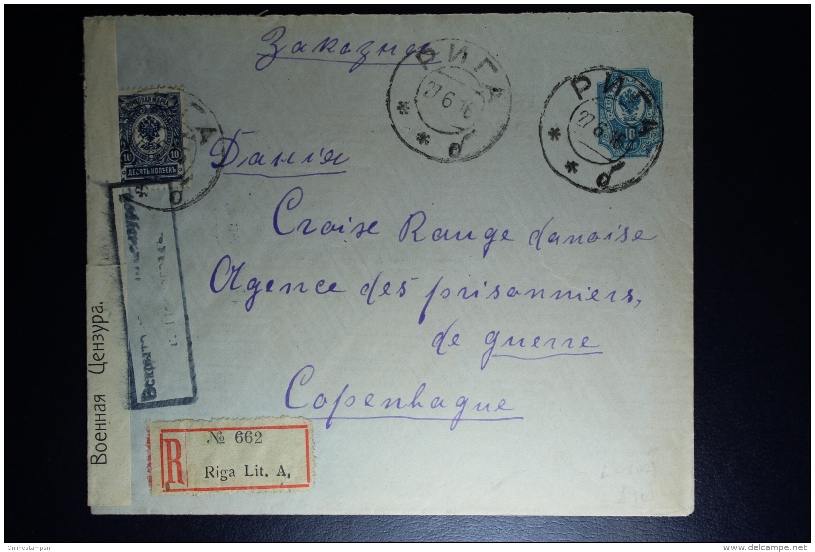 Russia Cover Riga Registered 1916 To Copenhagen Red Cross Cencor Cancel + Strip - Briefe U. Dokumente