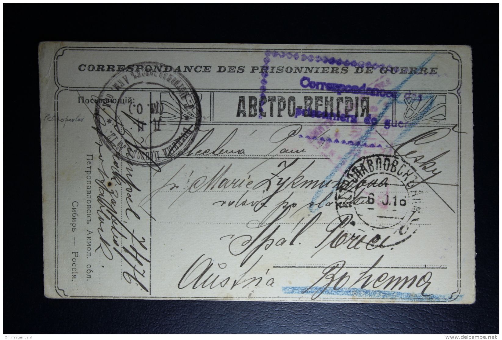 Russia  POW Postcard Petropavlosk Siberian 1916 To Bohemen Censor Cancels. Rare Model Card - Brieven En Documenten