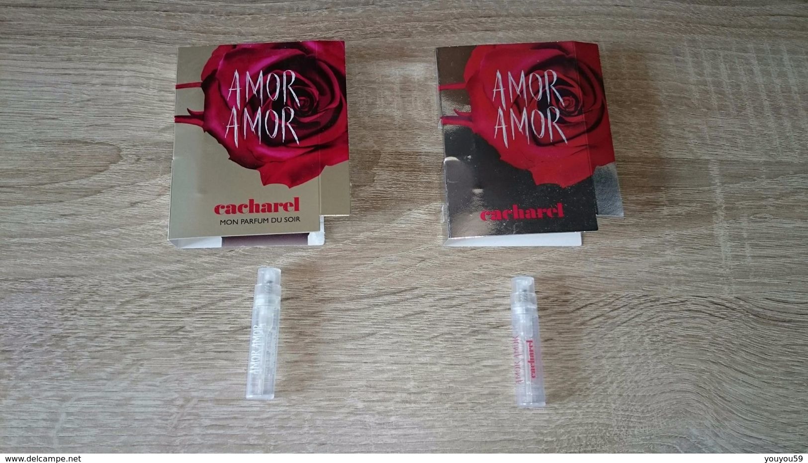 LOT DE 2 ÉCHANTILLONS / PARFUMS / PUBLICITÉ TUBES SUR CARTE AMOR AMOR DE CACHAREL - MON PARFUM DU SOIR - VIDE = UTILISÉ - Muestras De Perfumes (testers)