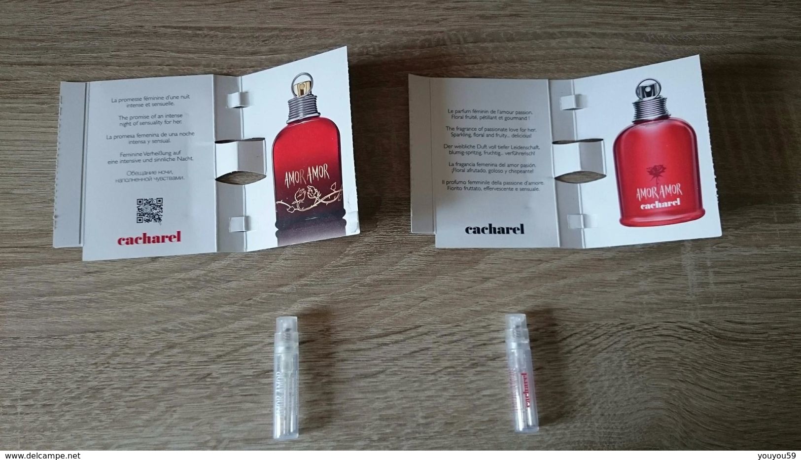 LOT DE 2 ÉCHANTILLONS / PARFUMS / PUBLICITÉ TUBES SUR CARTE AMOR AMOR DE CACHAREL - MON PARFUM DU SOIR - VIDE = UTILISÉ - Perfume Samples (testers)