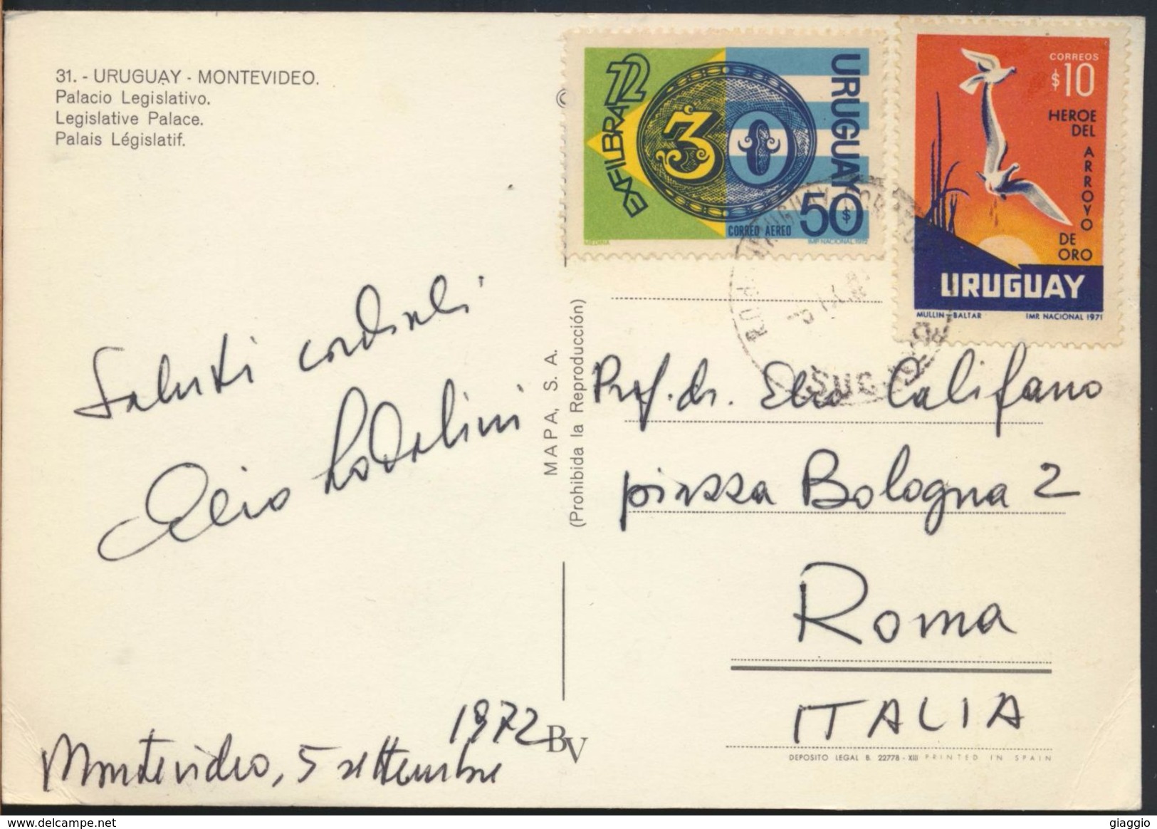 °°° 8000 - URUGUAY - MONTEVIDEO - PALACIO LEGISLATIVO - 1972 With Stamps °°° - Uruguay