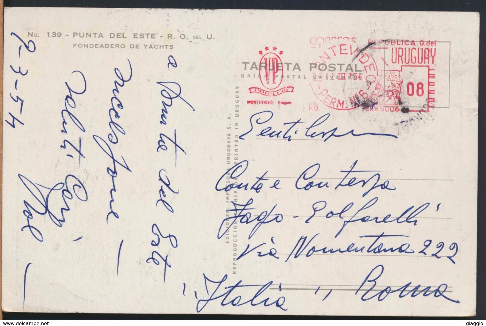 °°° 8001 - URUGUAY - PUNTA DEL ESTE - FONDEADERO DE YACHTS - 1954 With Stamps °°° - Uruguay