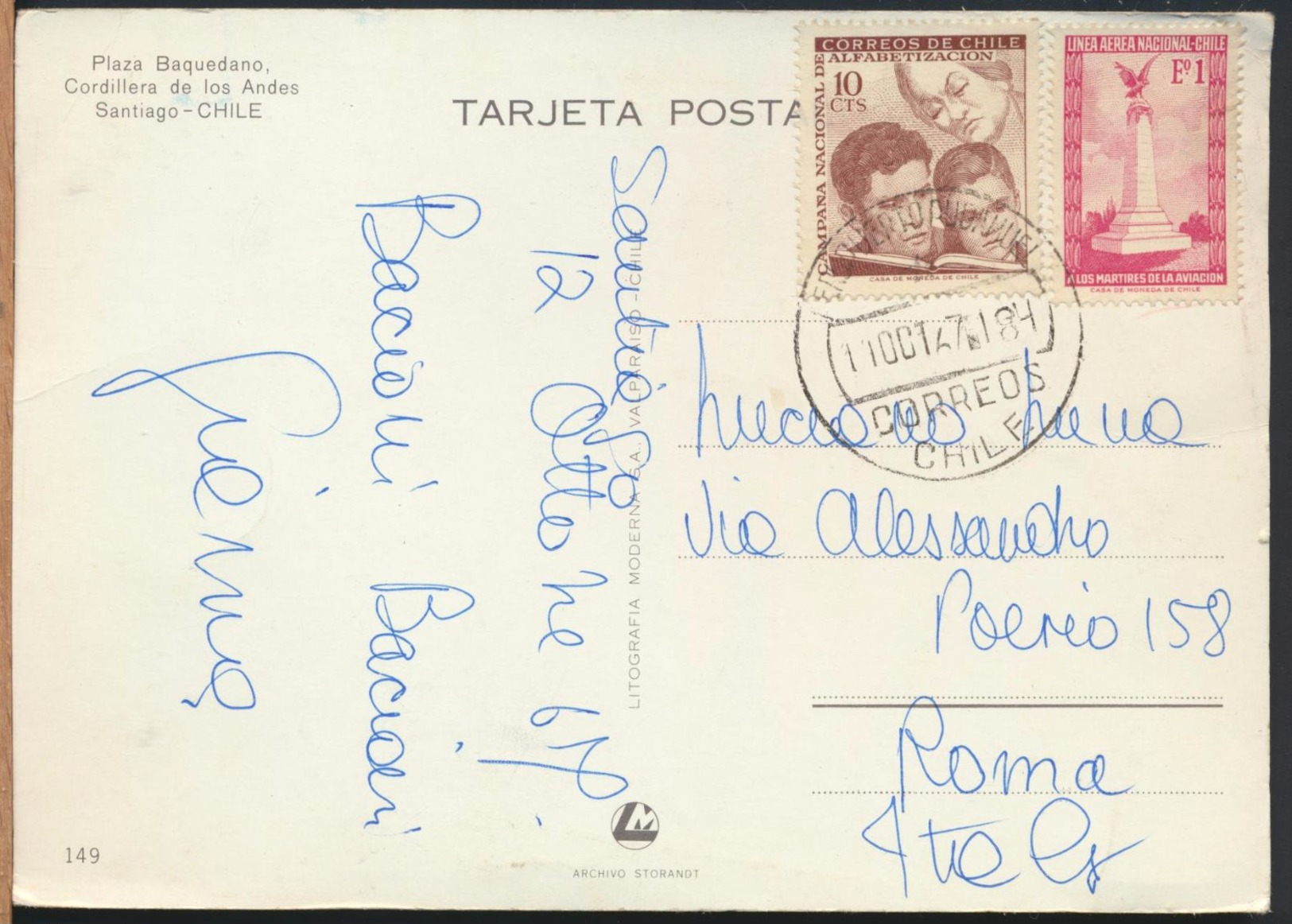 °°° 8003 - CHILE - SANTIAGO - PLAZA BAQUEDANO - 1967 With Stamps °°° - Chile