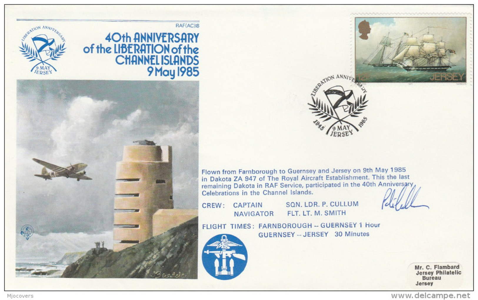 1995 JERSEY SIGNED Special FLIGHT COVER DAKOKA AIRCRAFT 40th ANNIV LIBERATION Channel Islands  Stamps WWII Aviation - Airplanes