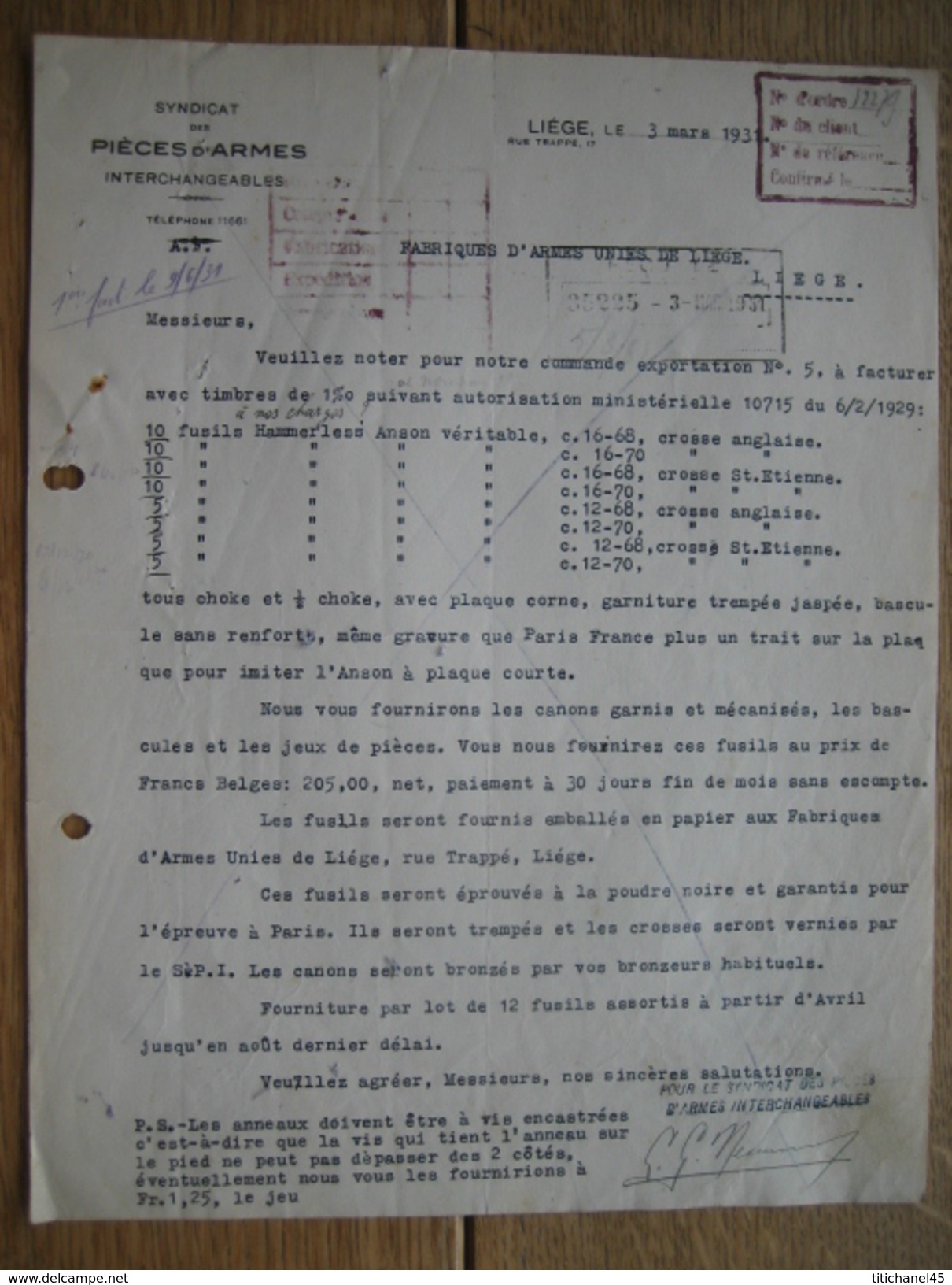 Lettre 1931 LIEGE - SYNDICAT Des PIECES D'ARMES INTERCHANGEABLES - Autres & Non Classés