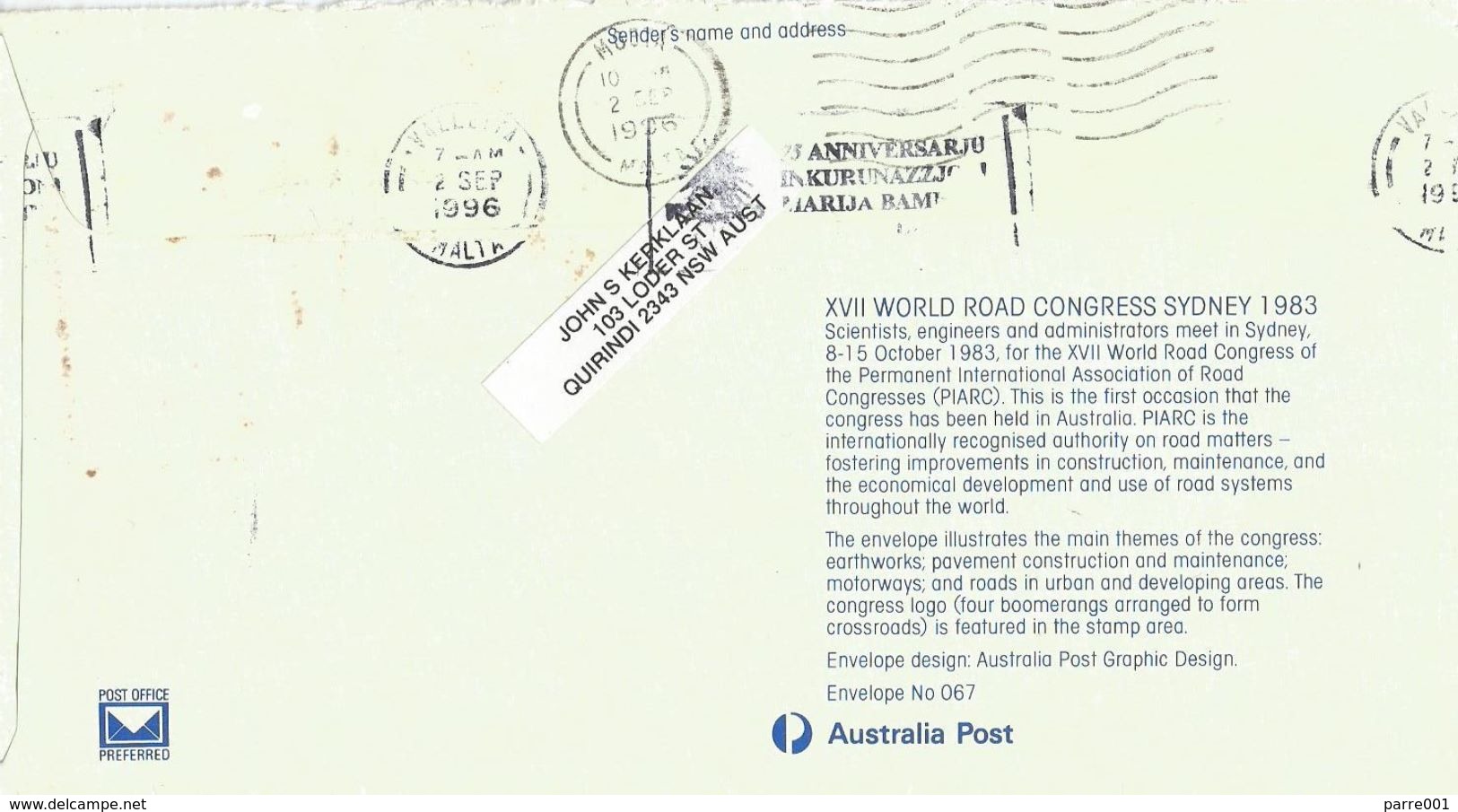 Australia 1996 Quirindi World Road Congress Envelope 67 Postal Stationary Cover - Postwaardestukken