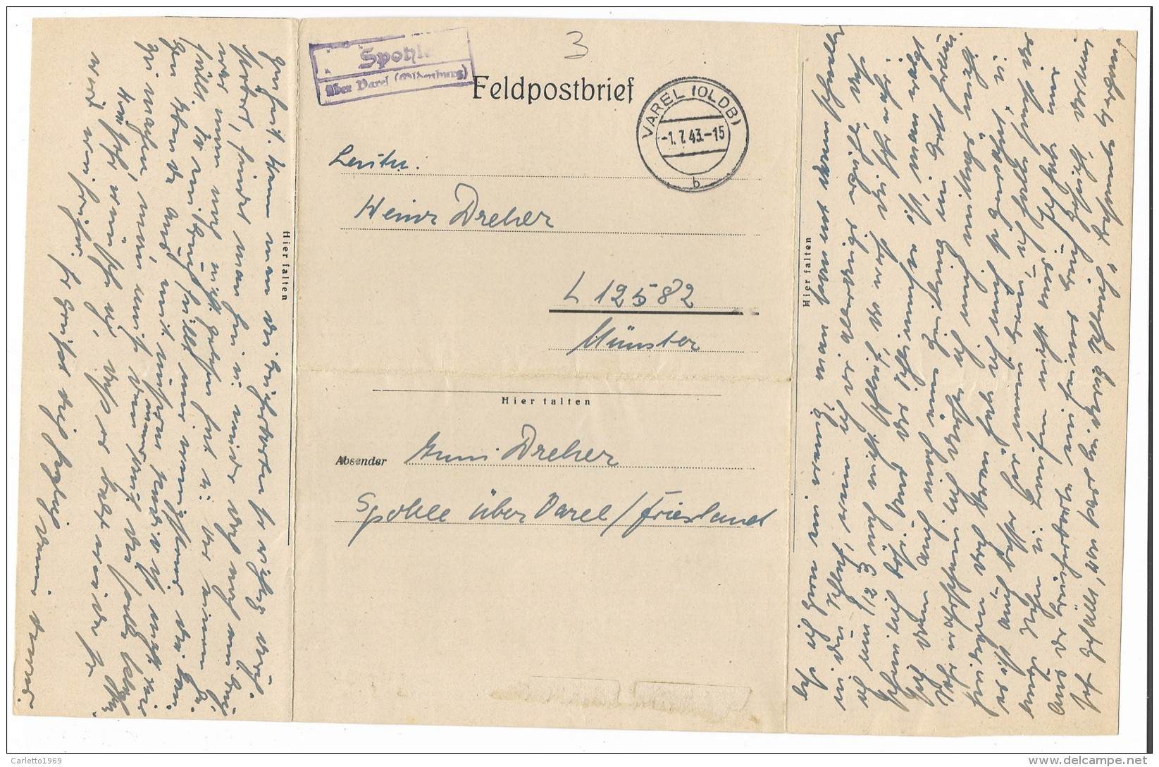 FELDPOSTBRIEF DA VAREL ANNO 1943 - Sonstige & Ohne Zuordnung