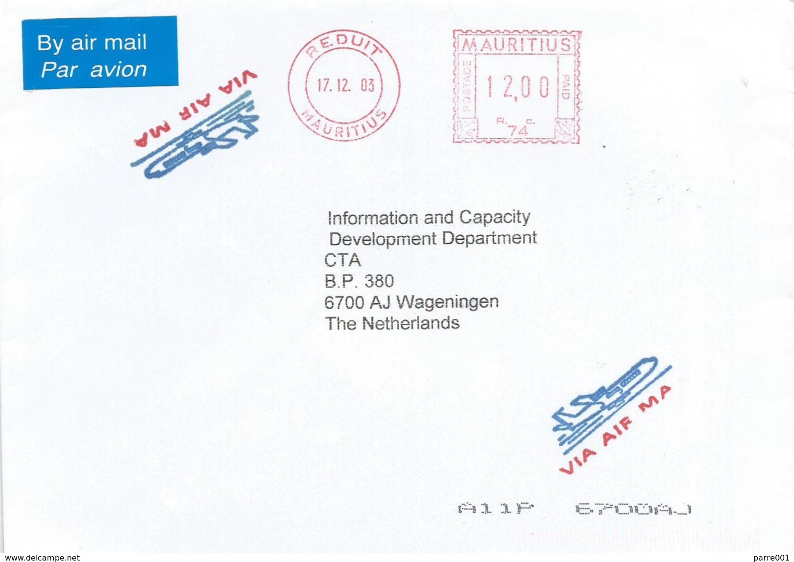 Mauritius 2003 Reduit Meter Neopost “Electronic” RC 74 Cover - Mauritius (1968-...)