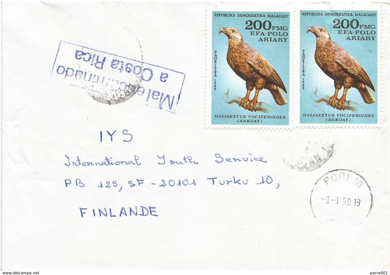 Costa Rica Madagascar 1990 Eagle Instructional Handstamp Cover - Costa Rica