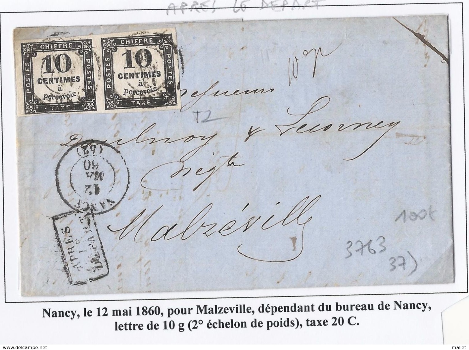 Taxe N°2 En Paire - 1860 - Sur Lettre 2ème échelon De Poids - Nancy Pour Malzéville Avec Griffe APRES LE DEPART - 1859-1959 Brieven & Documenten