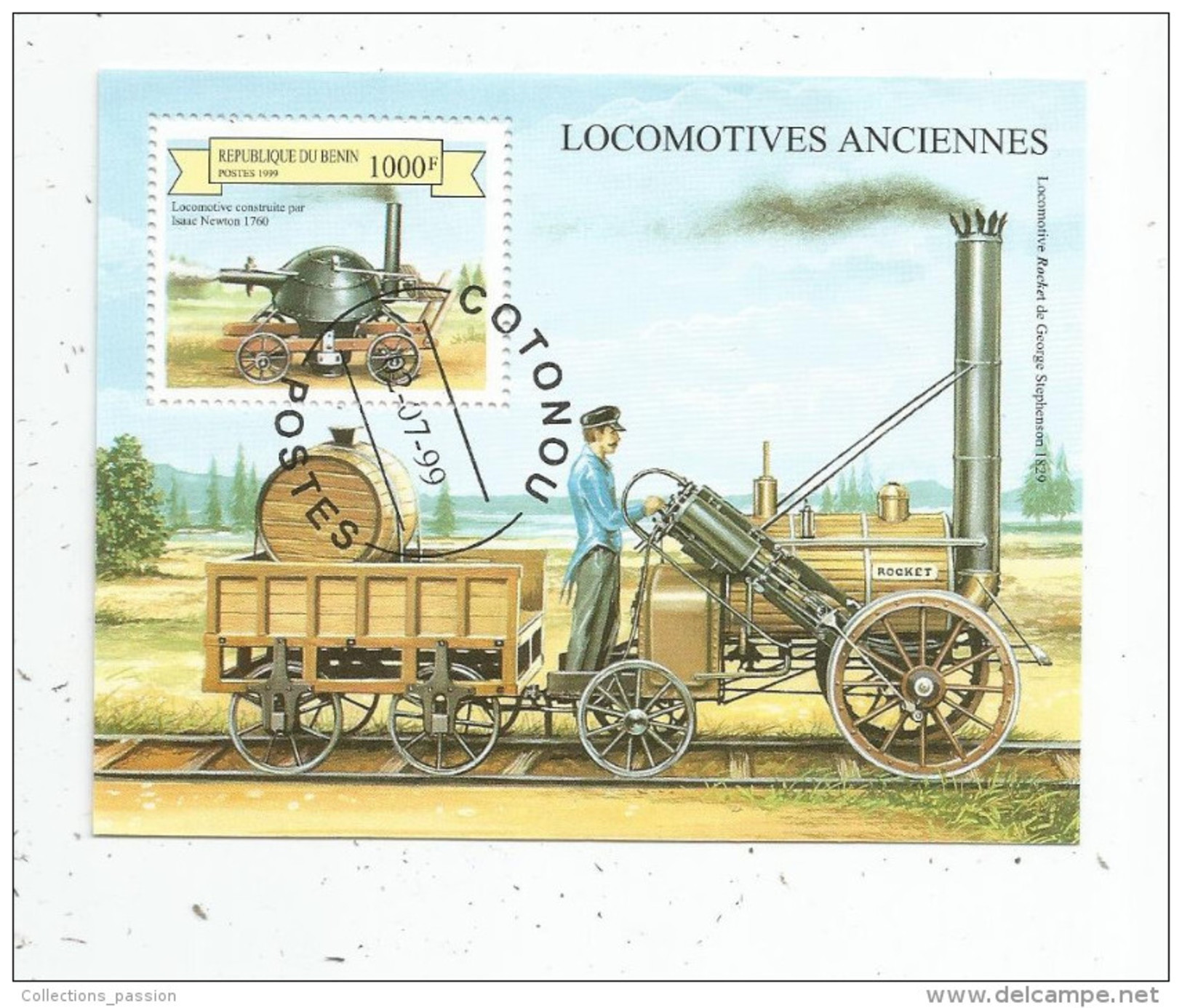 Timbre , LOCOMOTIVES ANCIENNES  , République Du BENIN , 1999 - Trenes