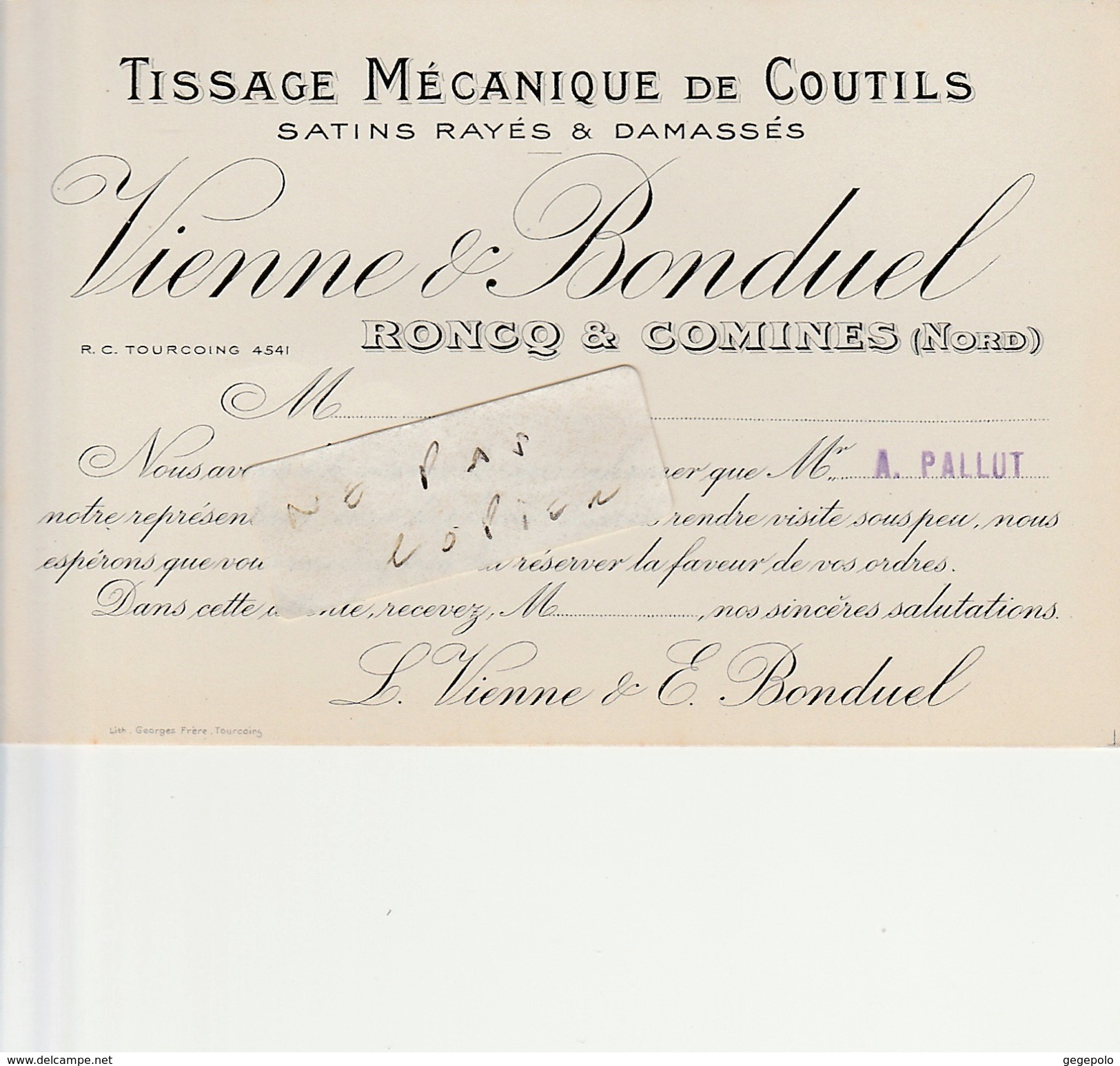 59 - VIENNE Et BONDUEL  - Tissage Mécanique De Coutils  - RONCQ Et COMINES ( 14 Cm X 9 Cm  ) Rare - Visitekaartjes