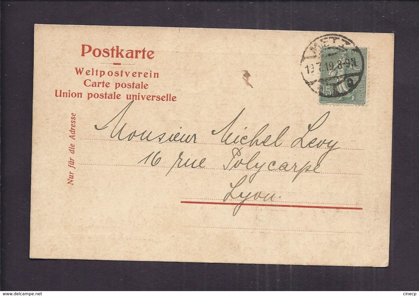 CPA CARTE COMMERCIALE POSTKARTE 18.7. 1919 METZ A. KAHN Mercerie Et Bonneterie Vers M. LEVY LEVI LYON SOIERIE JUDAICA - Other & Unclassified