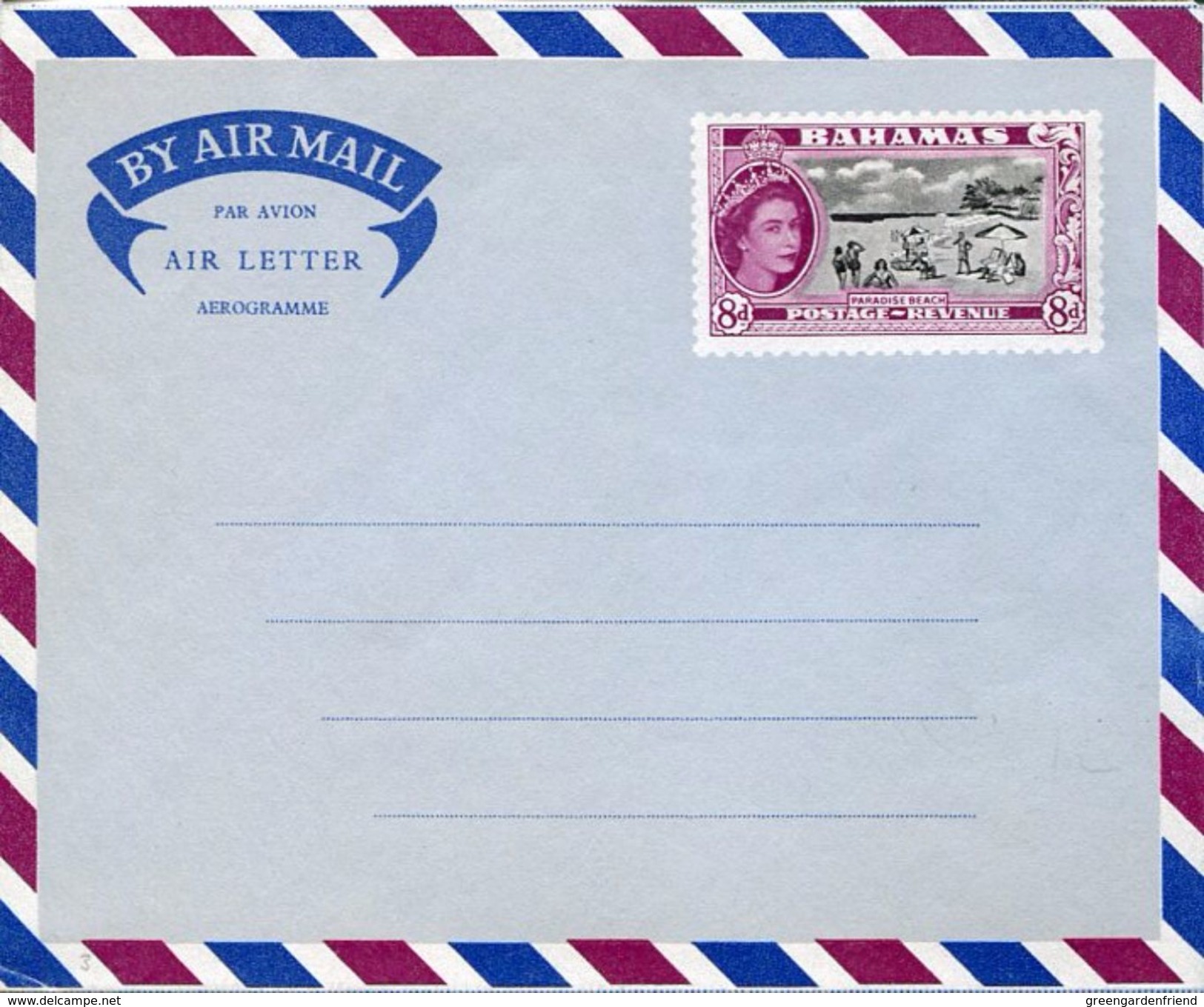 25852 Bahamas,  Air Letter Aerogramme  8d. Showing  The Paradise Beach - 1859-1963 Crown Colony