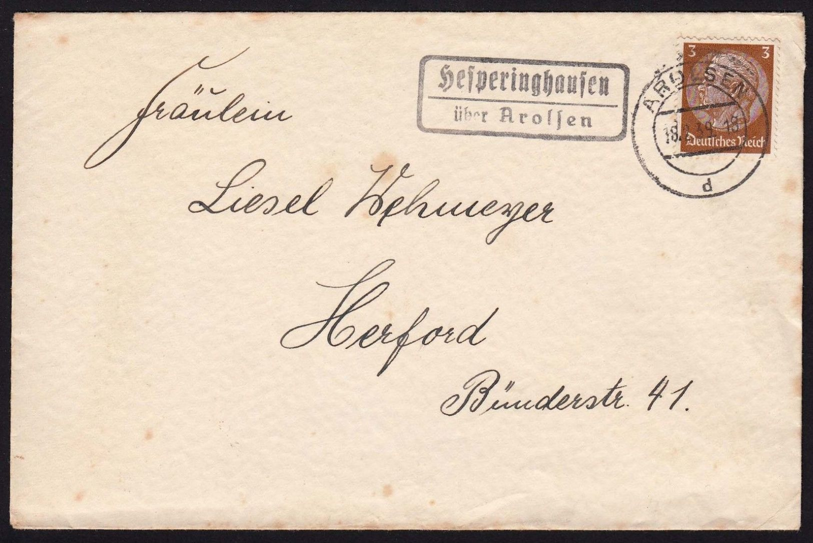 Landpoststempel  "Hesperinghausen über Arolsen"  1939 Fernbrief - Maschinenstempel (EMA)