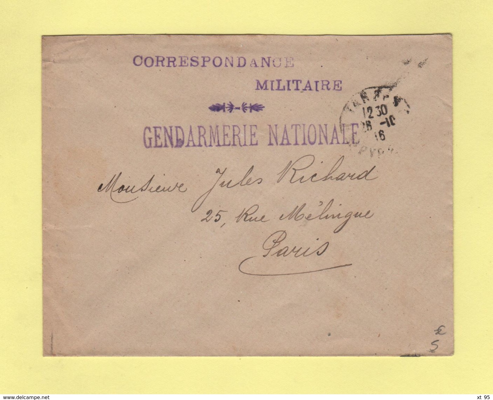 Gendramerie Nationale - Correspondance Militaire - Tarbes - 26-10-1916 - Guerra Del 1914-18