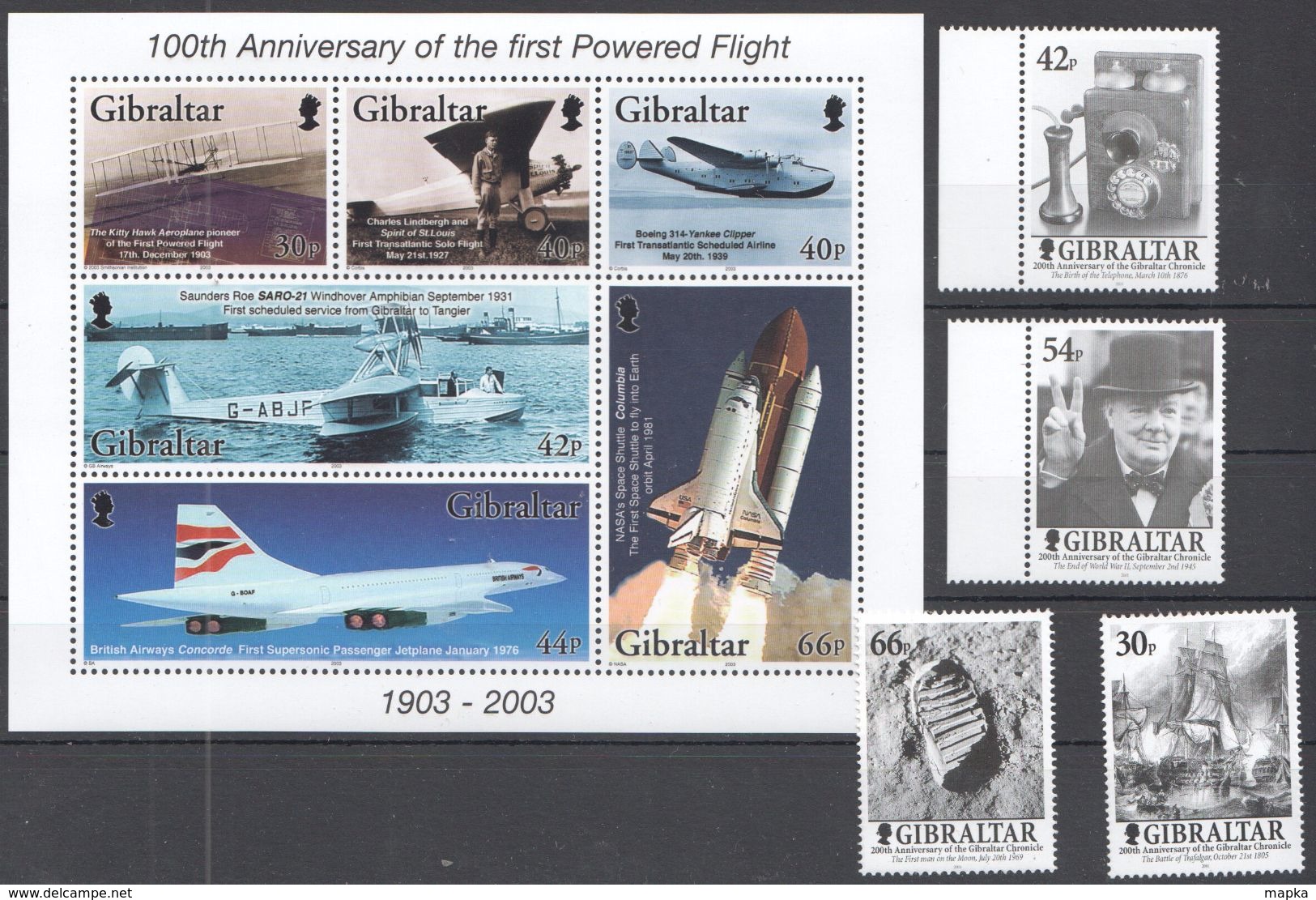 U93 2001,2003 GIBRALTAR CHRONICLE 1ST POWERED FLIGHT AVIATION SPACE SET+KB MNH - Other & Unclassified