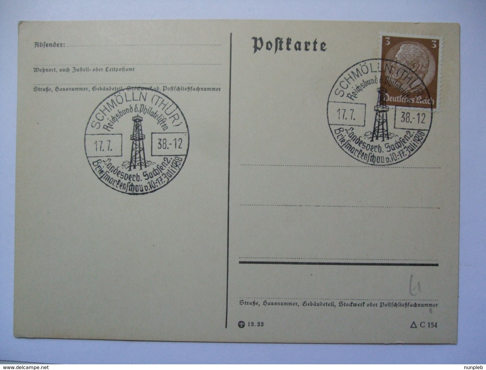 GERMANY 1938 POSTKARTE - Schmolln Reichsbund Philatelisten Sonderstempel - Lettres & Documents